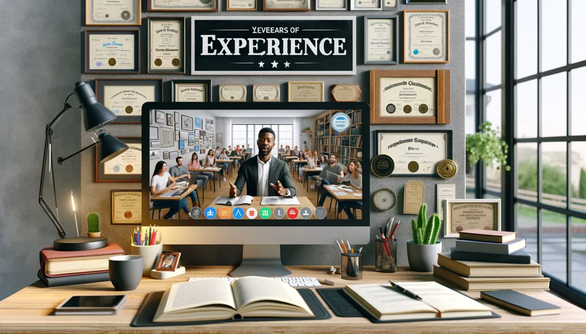 A spacious, modern home office depicting the concept of 'Experience' in online tutoring. The wall is adorned with various certificates and awards, symbolizing years of teaching experience. In the foreground, a computer screen shows a virtual classroom where a Black male tutor with short hair is engaging with a diverse group of students in a lively discussion, illustrating his animated teaching style. The desk is covered with notes and educational resources, reflecting a well-organized and experienced approach to teaching.
