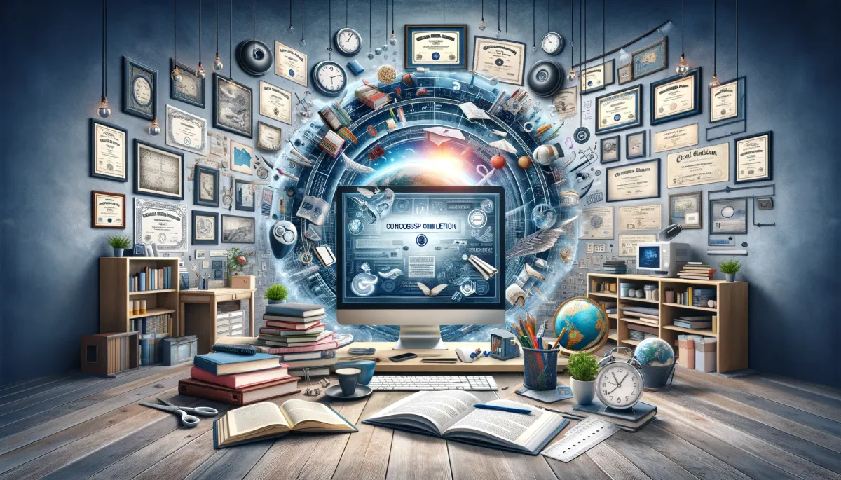 A serene home office scene encapsulating the 'Conclusion' theme for online tutoring qualifications. It features a diverse array of educational materials, technological tools, and certificates of achievement. The central area has a computer with a 'successful completion' screen, surrounded by books, a globe, and a digital tablet. A wall adorned with diplomas and a clock symbolizes the journey and time invested in becoming a qualified tutor. The atmosphere conveys accomplishment and readiness, representing the culmination of the qualifications journey in online tutoring.