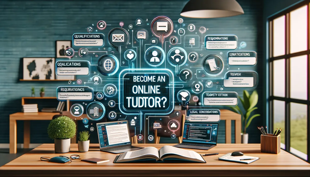  An interactive, modern home office scene visualizing 'Frequently Asked Questions (FAQs)' for online tutoring. A large screen displays icons representing common questions about qualifications, technology, legal aspects, and teaching methods, each linked to digital documents or websites with answers. An open laptop with a chat window and a notebook with a pen on the desk suggest active communication and note-taking. The organized, technology-driven environment underscores the importance of information accessibility in online tutoring.