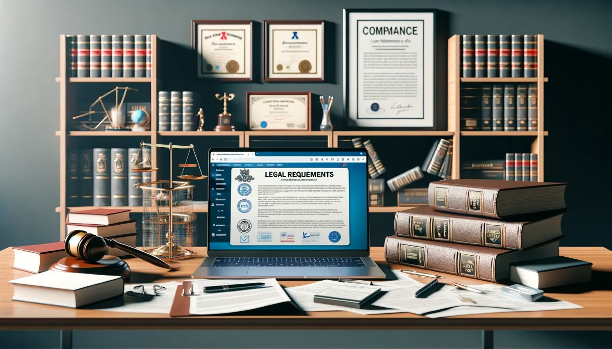 A professional home office scene depicting 'Legal Requirements' for online tutoring. The office includes a large desk with legal documents, a laptop showing legal compliance websites, and a bookshelf filled with law books and privacy policy manuals. In the foreground is a framed certificate of accreditation and a notice board with important legal notes and data protection guidelines, emphasizing responsibility, privacy, and legal compliance in online education.
