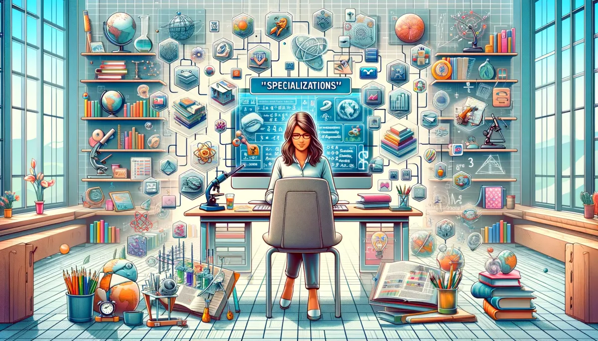 A spacious, modern study room vividly illustrating 'Specializations' in online tutoring. The room features dedicated areas for various subjects: a science corner with a microscope and models, a mathematics area with charts and calculators, a languages section with books in different languages, and an arts zone with painting supplies. Central to the scene, a computer screen shows a Hispanic woman with shoulder-length hair conducting a specialized online session, surrounded by digital icons representing different subjects, highlighting her expertise in multiple specializations.