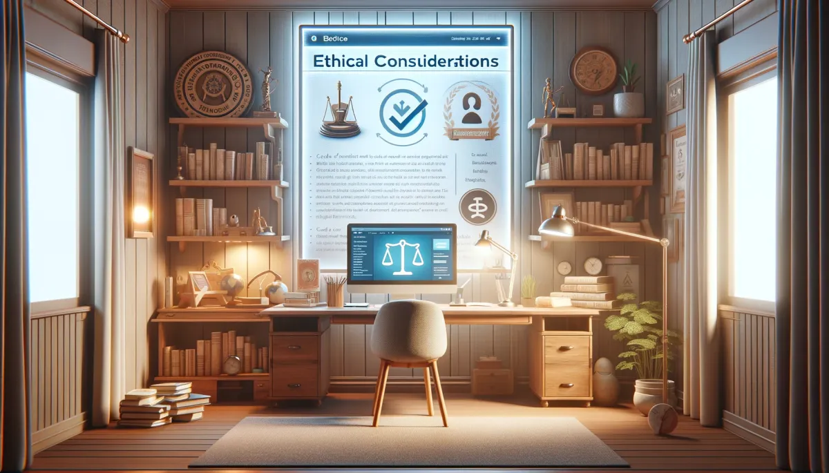 A well-organized home office scene representing 'Ethical Considerations' in online tutoring. The office includes a digital whiteboard displaying ethical guidelines for online education, a desk with a computer showing a code of conduct webpage, and a book titled 'Ethics in Education'. Symbols of trust and integrity, like a scale of justice and a plaque stating 'Honesty and Respect', adorn the room. Soft, ambient lighting enhances the calm, respectful atmosphere, emphasizing the importance of ethical practices in online tutoring.