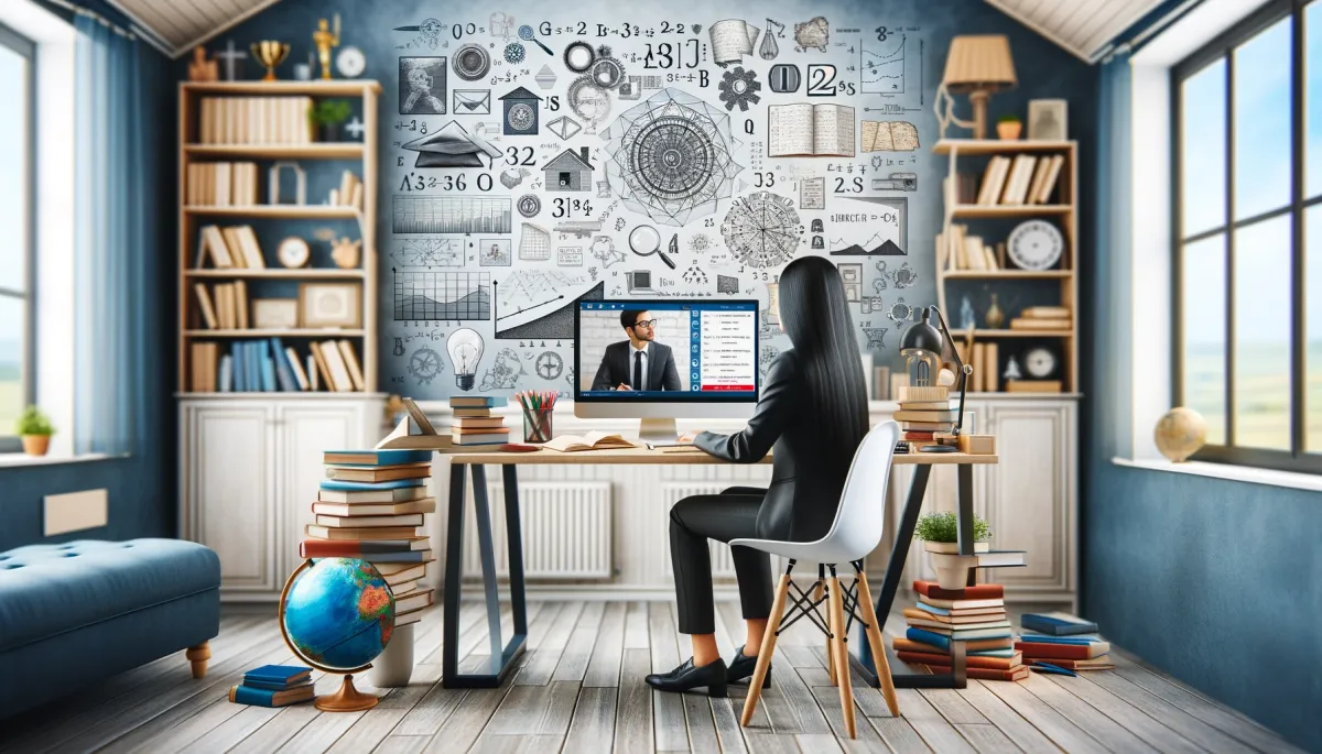 An inviting home office with a panoramic view, modern computer setup, educational symbols like books, a globe, diplomas, and a whiteboard with equations and timelines. A Middle Eastern person with long black hair is conducting a video call with a student.