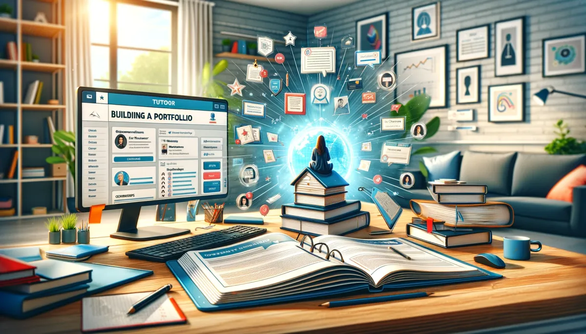 A modern, bright home office scene depicting 'Building a Portfolio' for online tutoring. The desk features a large, open portfolio with sections showing credentials, lesson plans, and positive student feedback. A computer screen displays a professional tutoring profile with ratings and testimonials, while a digital tablet shows graphs of student progress. The orderly yet vibrant setting symbolizes the tutor's dedication and successful track record in the field.