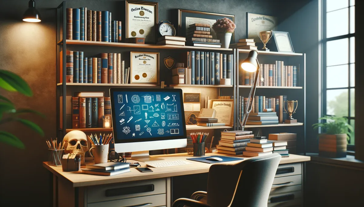 A sophisticated and organized home office highlighting the educational requirements for online tutoring. Features a bookshelf filled with academic books in mathematics, science, languages, and history, a desk with a computer, certificates, and a diploma on the wall, representing higher education achievements. The diverse books showcase different academic levels, from high school to college textbooks, in a warmly lit environment of focused study and academic rigor.