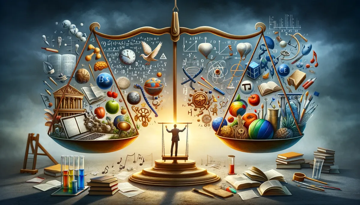 A wide, metaphorical image representing the challenge of balancing multiple subjects in an educational setting. It depicts a balancing scale with each side holding symbols of various academic subjects. One side features mathematical equations and geometric shapes for math, historical artifacts and a globe for history, test tubes and a DNA helix for science, and musical notes and instruments for music. The other side includes a stack of books for literature, a computer and binary code for computer science, a palette and brushes for art, and a sports ball for physical education. In the middle stands a teacher, carefully adjusting the scale, symbolizing their role in balancing these diverse subjects. The background is a classroom setting, blending elements of each subject to create a harmonious and educational atmosphere.