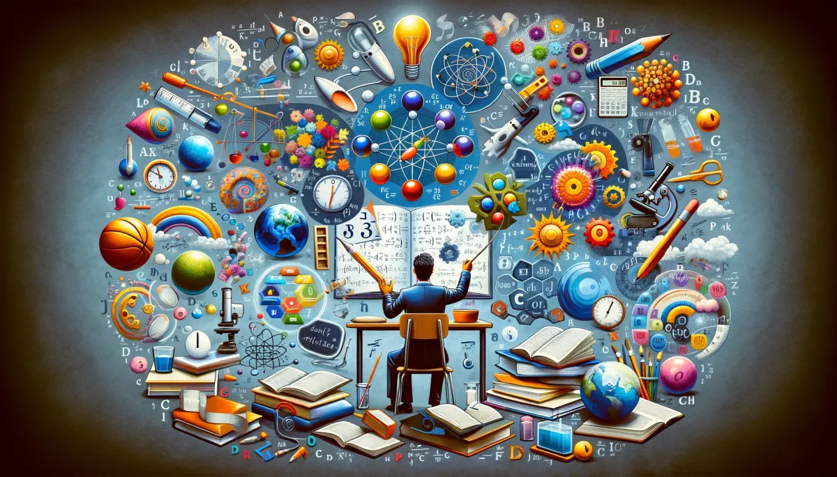 A wide, informative image that visually explains the concept of multi-subject teaching. It features a central figure, a teacher, surrounded by various elements representing different academic subjects. Around the teacher, there are numbers and equations for math, molecules and a microscope for science, historical artifacts and a timeline for history, books and a pen for language arts, a palette and paintbrush for art, and a basketball and a stopwatch for physical education. The teacher is actively interacting with these elements, symbolizing their role in connecting and teaching multiple subjects. The background includes a classroom setting that merges these different elements, illustrating the diverse and interconnected nature of multi-subject teaching. The image is colorful and engaging, conveying the dynamic and comprehensive scope of this teaching approach.