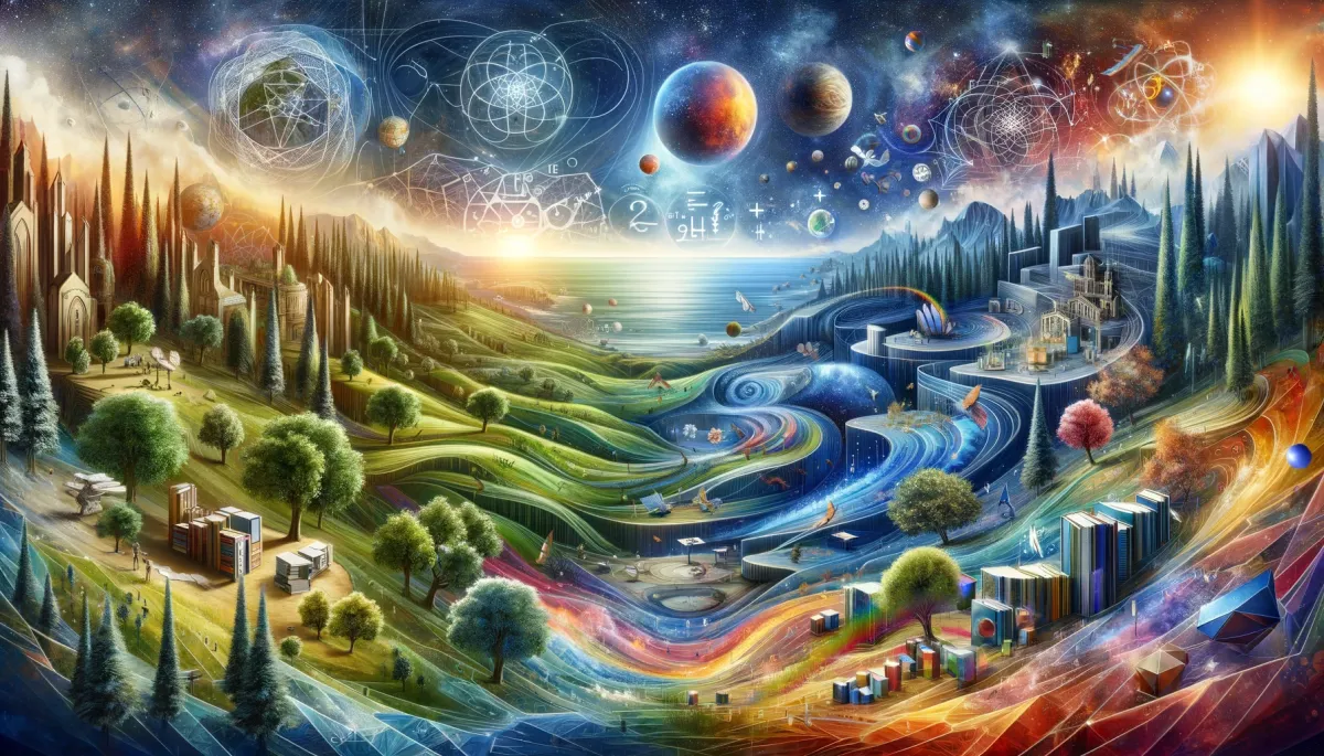 A wide, imaginative image symbolizing the diverse landscape of teaching different subjects. The panoramic view shows a metaphorical landscape with each terrain representing a different academic subject. There's a section with lush greenery and trees for biology, a futuristic cityscape for technology, ancient ruins for history, a star-filled sky for astronomy, a vibrant abstract area for art, and floating mathematical equations for mathematics. Each area is unique but seamlessly interconnected, illustrating the variety and interconnectedness in the world of education. The image is vibrant and visually rich, encapsulating the essence of learning and exploring different subjects.
