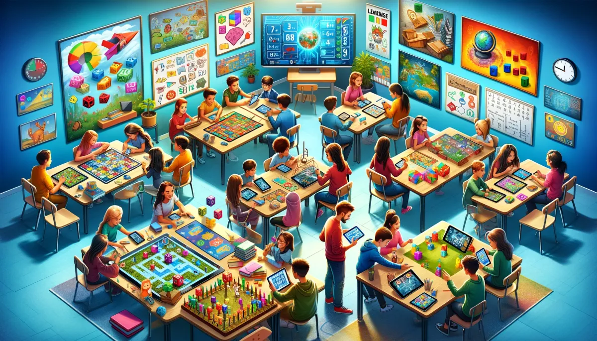 A wide, vibrant image showcasing game-based learning strategies in a classroom setting. It depicts students of various ages engaging with different educational games. One group is playing a math puzzle game, another is working on a history trivia board game, a third group is interacting with a language learning app on tablets, and a fourth group is solving a science-based escape room challenge. Each game is visually distinct, reflecting the specific subject it teaches. The classroom environment is lively and colorful, adorned with posters and decorations that promote a fun and interactive learning atmosphere. The image captures the essence of using games as a tool for education, highlighting engagement, creativity, and collaborative learning promoted by game-based strategies.