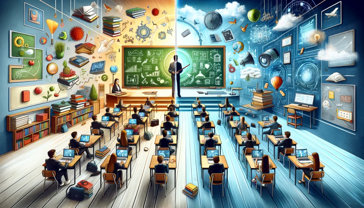 A wide, innovative image illustrating the concept of blended learning, a hybrid approach to education. It depicts a split-view classroom setting. On one side, there are traditional elements like a chalkboard, textbooks, and students seated at desks. On the other side, modern digital elements are featured, including students using laptops and tablets, online resources on a screen, and virtual reality headsets. A central figure, a teacher, bridges both sides, symbolizing the integration of traditional and digital teaching methods. The image conveys the fusion of conventional and contemporary educational practices, highlighting the flexibility and adaptability of blended learning environments. The overall look is vibrant, modern, and engaging, showcasing the dynamic nature of blended learning.