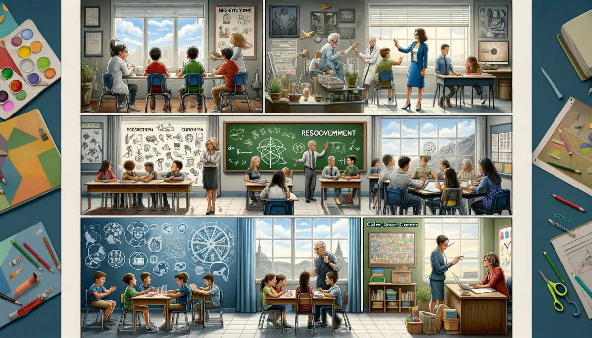 A wide, meaningful image depicting the concept of behavior management across different subjects in an educational setting. The image illustrates a variety of classroom scenes, each showcasing effective behavior management strategies. One scene shows a teacher using positive reinforcement in a science lab, another depicts a teacher mediating a group discussion in a history class, a third scene features a calm-down corner in an elementary classroom, and a fourth shows a teacher using a reward system in a mathematics class. Each classroom reflects a different subject, with students and teachers engaged in activities. The image captures the essence of maintaining a positive and productive learning environment, focusing on respect, cooperation, and engagement.