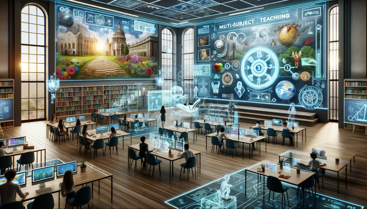 A wide, futuristic image visualizing future trends in multi-subject teaching. It depicts an advanced educational setting with innovative teaching methods. The classroom features holographic displays showing different subjects, a virtual reality area for exploring historical events, an interactive smartboard with mathematical puzzles, and a creative corner with digital art tools. Teachers and students are engaging with these technologies, blending traditional teaching with cutting-edge digital tools. The environment is bright and modern, with a forward-looking design that suggests the evolution of education. The image captures the essence of how technology and innovation are shaping the future of multi-subject teaching, highlighting adaptability, interactivity, and a focus on preparing students for a rapidly changing world.