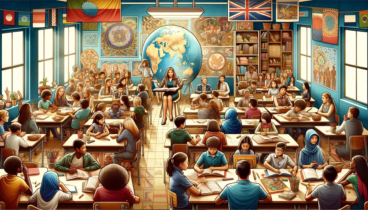 A wide, inclusive image depicting the concept of culturally responsive teaching in a diverse classroom setting. It shows a classroom with students of various ethnicities and backgrounds, each engaged in learning activities that reflect their culture. One student is presenting a project about their heritage, another is reading a book by an author from their culture, a group is engaged in a discussion about global perspectives, and a teacher is facilitating these activities with respect and enthusiasm. The classroom is adorned with cultural artifacts, maps, and artwork, representing a range of global cultures. The image conveys inclusivity, respect for diversity, and the importance of integrating cultural perspectives into the learning process. The atmosphere is warm, engaging, and educational.