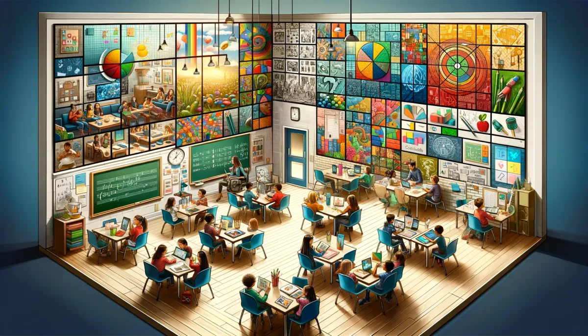A wide, engaging image illustrating the concept of differentiated instruction across various subjects. The image features a mosaic of diverse classroom settings, each tailored to a specific subject and teaching style. It includes a corner with a hands-on science experiment for kinesthetic learners, a literature class with a discussion circle for social learning, a music class with individualized learning stations, a math class with interactive digital tools, and an art class where students work on diverse projects. Each section reflects a unique approach to teaching, emphasizing adaptability and personalized education. The image is vibrant, showcasing the dynamic and inclusive atmosphere of a modern educational environment.