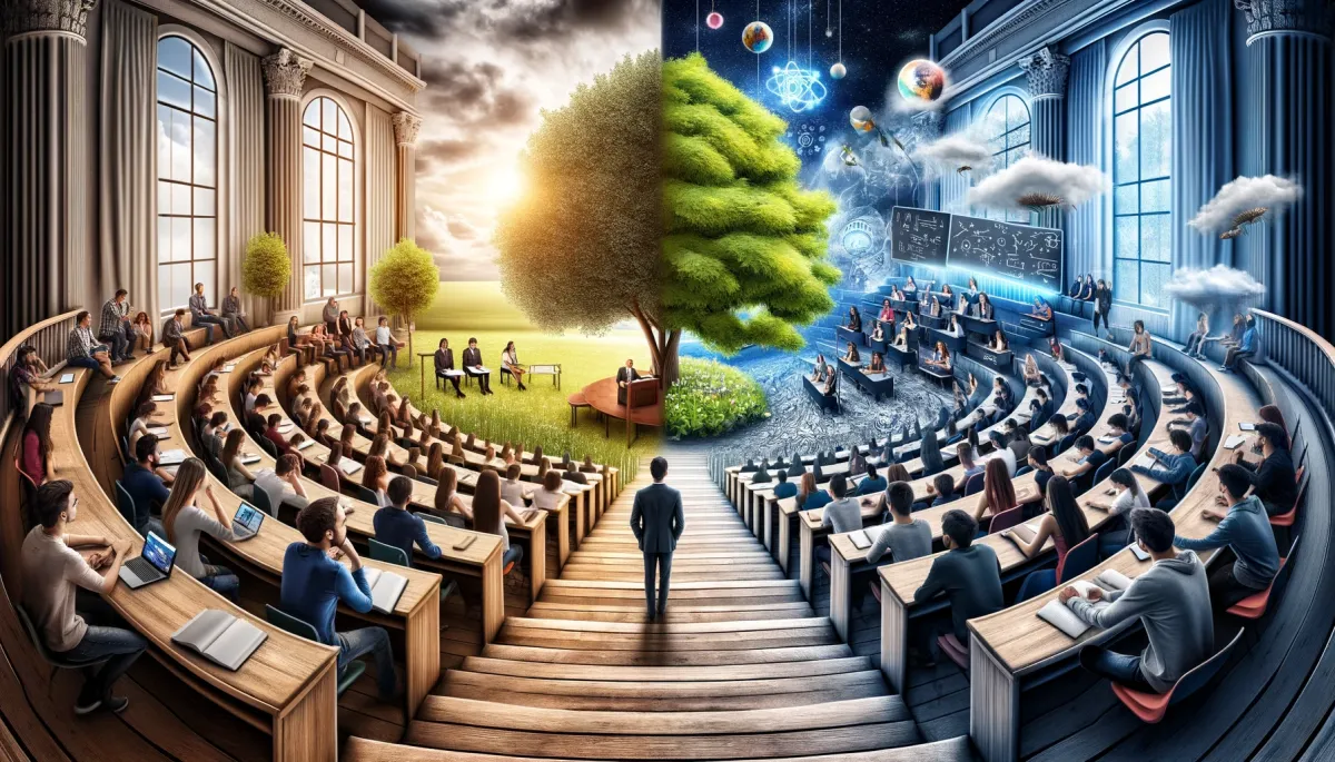 A wide, thought-provoking image depicting the concept of lecture-based instruction in various settings. The split-view image contrasts a traditional classroom setting, with a teacher lecturing to rows of students, against non-traditional environments like an outdoor class under a tree, a museum hall, and a virtual reality space, each featuring a lecturer and engaged students. This contrast highlights the versatility of lecture-based instruction across different environments. The image captures the traditional essence of lectures while also exploring innovative and alternative learning spaces. The atmosphere is educational, inclusive, and dynamic, emphasizing the adaptability of lecture-based teaching methods.