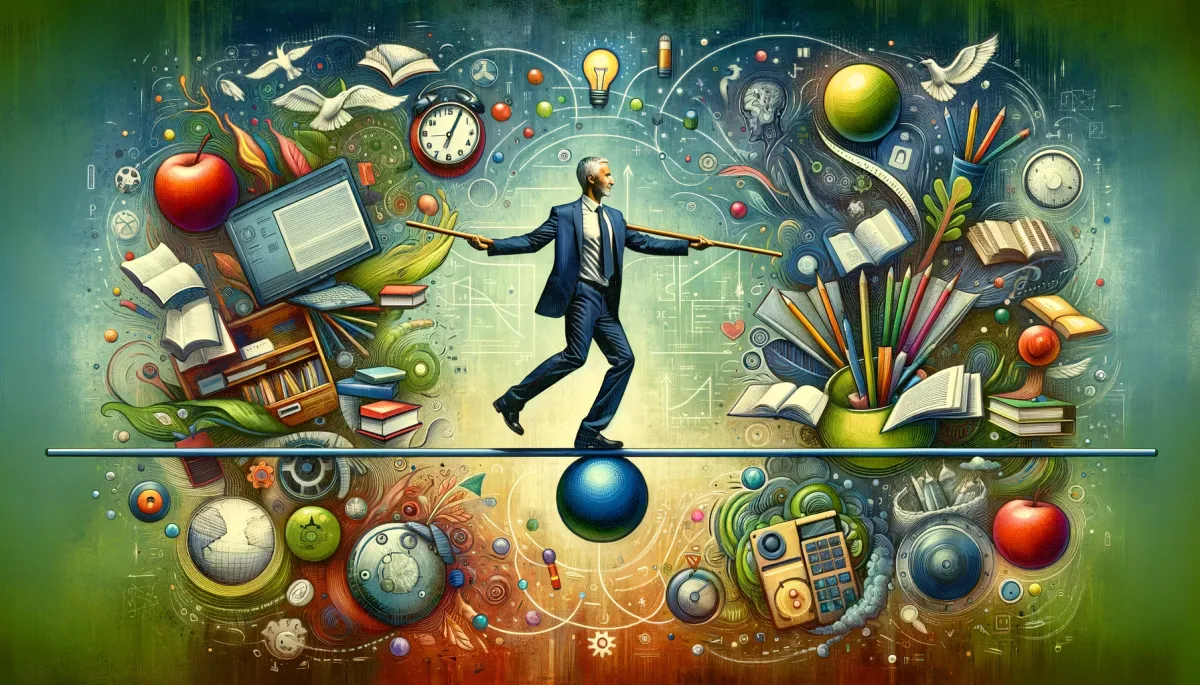A wide, visually compelling image representing the concept of pedagogical flexibility in teaching various subjects. It metaphorically depicts a teacher balancing on a tightrope, connecting traditional educational elements like books and a chalkboard on one side, with modern elements like a laptop and digital tools on the other. The teacher, in the center and holding a balance beam, symbolizes the balance between traditional and modern teaching methods. The background is an abstract blend of a classroom environment, merging old and new elements, signifying the adaptability and versatility required in teaching. The image is colorful and dynamic, illustrating the essence of flexibility in education.