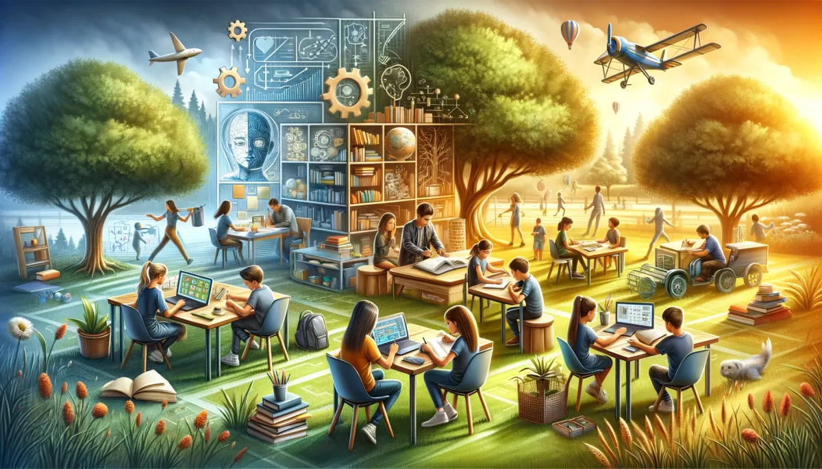 A wide, inspiring image representing individual learning plans in an educational setting. It depicts a variety of students engaged in personalized learning activities. One student is working on a laptop with educational software, another is writing in a journal, a third is constructing a model, and another is reading a book under a tree. Each student is in their own distinct space, symbolizing the personalization of their learning journey. The background includes bookshelves, educational posters, and a peaceful outdoor area, reflecting a supportive and diverse learning environment. The image is vibrant and welcoming, emphasizing the importance of catering to individual learning styles and needs.