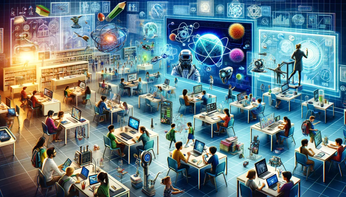 A wide, futuristic image showcasing technology-based learning in various educational contexts. It depicts a collage of different learning environments, each integrating advanced technology. The image includes a classroom with students using tablets and interactive whiteboards, a computer lab with students engaged in coding and virtual simulations, a science lab featuring augmented reality for experiments, and an art class with students using digital drawing tablets. Each scene highlights the integration of technology in education, showing active interaction between students and teachers with digital tools. The image is vibrant, modern, and engaging, illustrating the widespread adoption of technology in diverse educational settings.