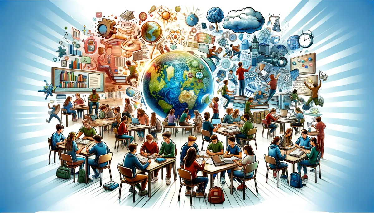 A wide, dynamic image illustrating various group learning strategies in an educational setting. It features different groups of students engaged in collaborative activities. One group is gathered around a round table discussing a project, another working on a science experiment, a third group brainstorming on a whiteboard, and a fourth analyzing texts together. Each group shows a diverse mix of students actively participating and cooperating. The background is a bright, modern classroom, highlighting teamwork and student interaction. The image is lively and colorful, showcasing the effectiveness and diversity of group learning strategies.