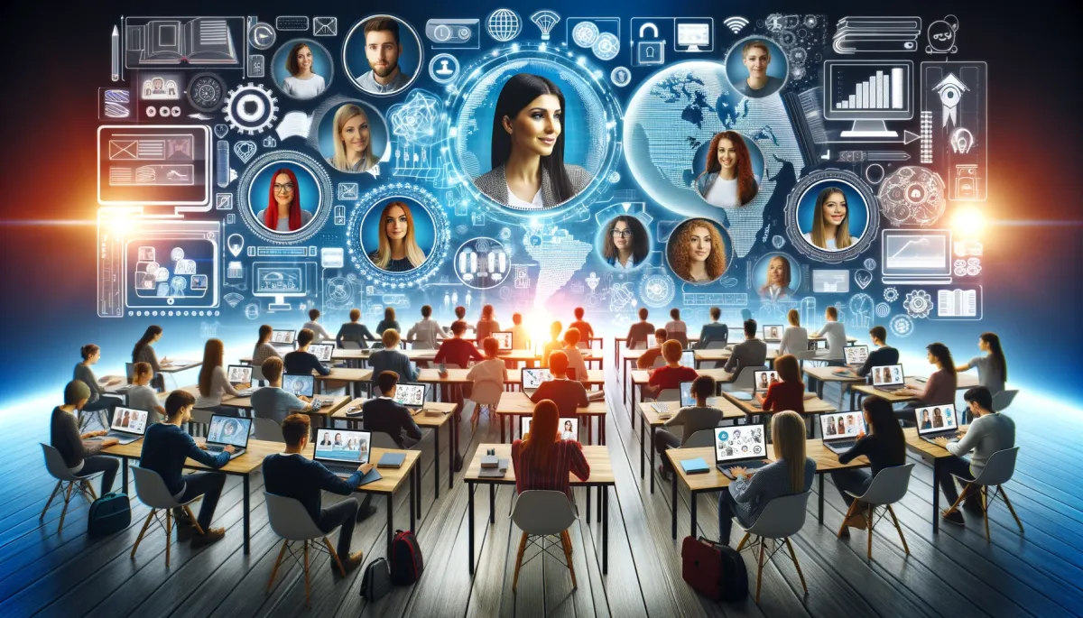 A wide, contemporary image illustrating online learning strategies in a virtual education setting. It depicts students from diverse backgrounds engaging in various forms of online learning. The image shows students participating in video conferences, working on digital assignments, interacting in virtual classrooms, and accessing educational resources through laptops and tablets. The background includes elements like digital screens, internet icons, and virtual learning environments, reflecting a connected, digital world of education. The students appear focused and engaged, showcasing the effectiveness and adaptability of online learning. The overall image is modern, technologically advanced, and dynamic, emphasizing the evolving landscape of education in the digital age.
