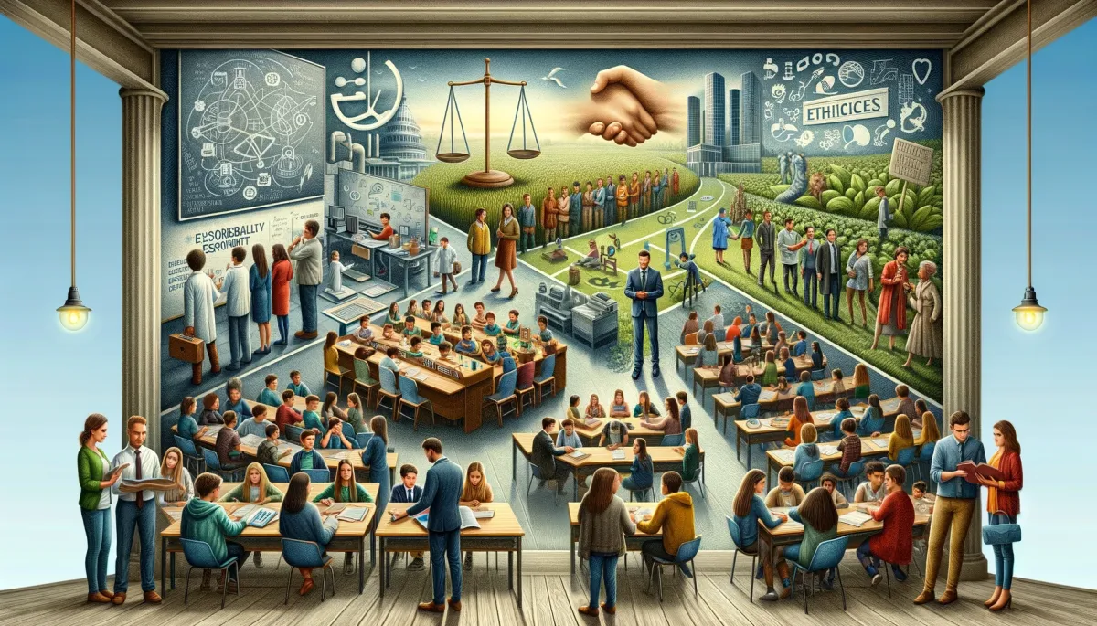 A wide, thought-provoking image symbolizing ethical practices across different academic subjects in an educational environment. It features a diverse group of students and teachers engaged in activities demonstrating ethical behavior. One section depicts a science lab with students conducting experiments responsibly, another shows a literature class discussing ethical dilemmas in stories, a business class is engaged in a debate about corporate responsibility, and a history class examines the impact of historical decisions. Ethical symbols like a balance scale, a handshake, and a green leaf are subtly included, representing fairness, collaboration, and sustainability. The overall atmosphere is one of respect, integrity, and critical thinking, emphasizing the importance of ethics in education across different subjects.