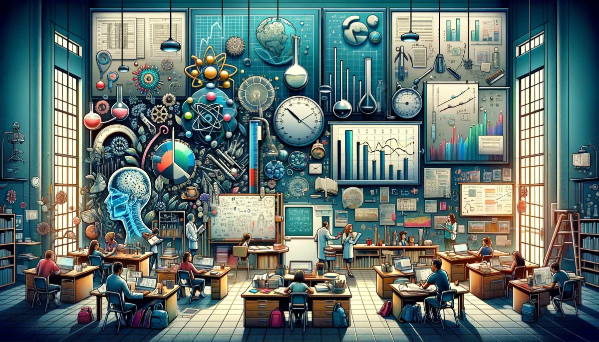 A wide, insightful image depicting the theme of measuring success in different academic subjects. It represents various educational metrics and tools used in diverse subjects. The image includes a science lab with measuring instruments and data charts, a mathematics class with graphs and equations on the blackboard, an art room displaying portfolios and critiques, and a language class with assessment sheets and literature essays. Each area showcases students and teachers actively involved in the evaluation process, using specific tools and methods relevant to their subject. The image conveys a sense of achievement and progress, highlighting the diverse ways success is measured and celebrated in education. The overall atmosphere is positive, motivating, and reflective of the unique assessment methods used in different subjects.