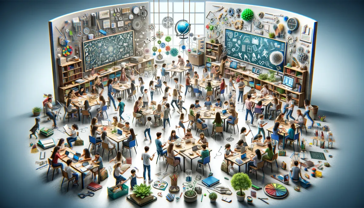 A wide, impactful image representing the concept of student-centered learning in an educational environment. It portrays a diverse group of students actively engaged in their learning process. The classroom scene shows students leading discussions, collaborating on projects, conducting experiments, and using technology for research. Teachers are present as facilitators, guiding and supporting the students. The modern classroom is well-equipped with computers, scientific equipment, and creative materials. Each student is involved in an activity that caters to their interests and learning style, highlighting the individualized approach of student-centered learning. The image is lively, interactive, and student-focused, showcasing an empowering environment where students are at the heart of their educational journey.