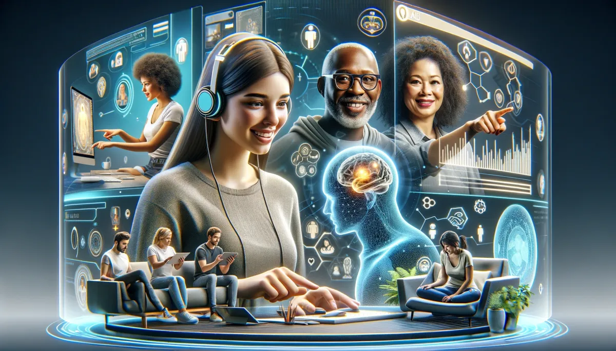 This image captures the essence of 'Future Trends in Online Tutoring and Mental Health', showcasing a blend of advanced technology and innovative mental health practices. The composition is a glimpse into the future of online education. One section of the image illustrates a young Caucasian woman enthusiastically using augmented reality (AR) tools for an interactive teaching session, her expression one of excitement and engagement. This scene represents the potential of AR in enhancing educational experiences. Another part features a middle-aged Black man participating in a virtual support group meeting with other tutors, interacting through a futuristic holographic screen. This element symbolizes the evolution of social support networks in the digital age. A third segment displays a South Asian woman exploring a digital mental health platform that offers AI-driven personalized recommendations, reflecting the increasing relevance of artificial intelligence in mental wellness. Additionally, there's a Hispanic man wearing a brainwave monitoring headset during a meditation session, highlighting the emerging use of biometric technology for stress management and mental health monitoring. Overall, the image is sleek, modern, and tech-centric, suggesting a future where technology and mental health are seamlessly integrated, enhancing the online tutoring profession.