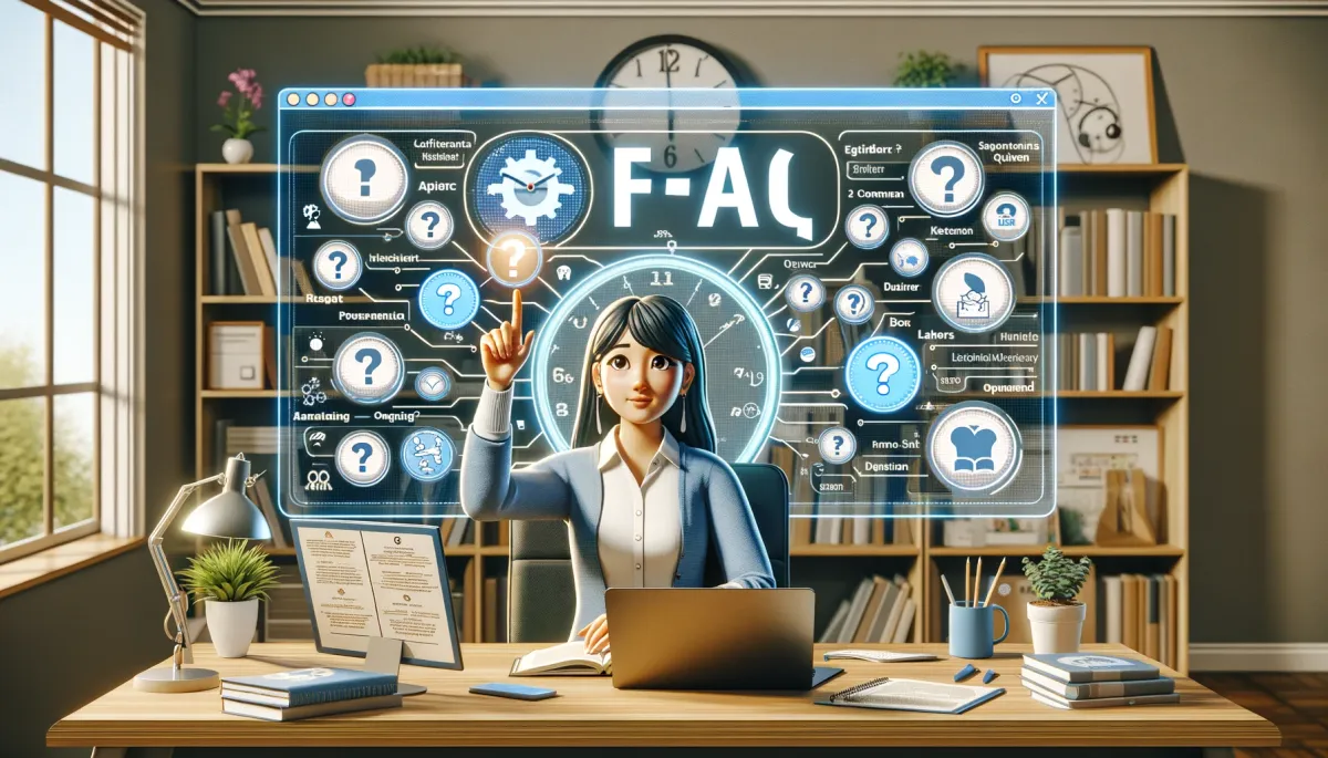 A South Asian female tutor interacting with a large digital FAQ board on effective time management strategies in a well-organized home office, symbolizing the active engagement in addressing common inquiries in online tutoring. The scene includes various question icons, a laptop with a chat window, a clock, and educational materials, capturing the essence of solving time management questions in the online tutoring community.