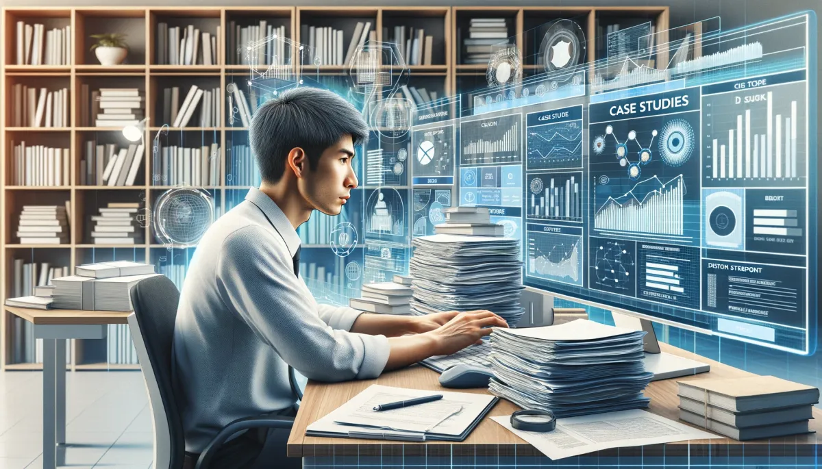An Asian male tutor is engrossed in analyzing case studies on his computer, with the screen displaying intricate charts and graphs. His desk is cluttered with stacks of case study reports, educational books, and a digital tablet showing statistics and student progress. The tutor's intense focus and the detail-oriented, data-rich environment highlight the significance of case studies in comprehending student needs and refining teaching methodologies. In the background, a vast bookshelf brimming with educational resources symbolizes a dedication to ongoing learning and adaptation, essential in the field of online tutoring.