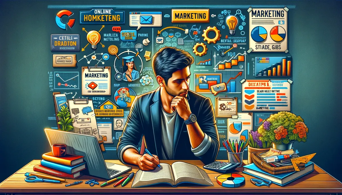 A Hispanic male tutor is deeply engaged in devising marketing strategies for his online homework help service. He's planning an online advertising campaign, with his computer screen displaying various digital marketing tools, including social media, email, and search engine marketing platforms. The room is adorned with creative, educational posters and flyers, representing traditional marketing techniques. He is surrounded by marketing books and digital analytics reports, indicating a thorough, data-driven approach to marketing. The dynamic and innovative atmosphere underscores the importance of effective marketing in promoting online tutoring services.