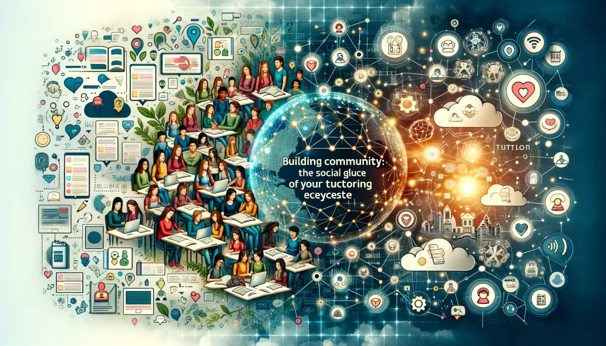 Wide image illustrating 'Building Community: The Social Glue of Your Tutoring Ecosystem' in the context of online tutoring. The left side of the image displays elements essential for community building on social media, featuring a diverse group of student avatars engaging around social media symbols, online forums, and chat bubbles, representing the digital avenues of community interaction. Transitioning to the right, the image captures the vibrancy of an online tutoring community, with visuals of collaborative learning sessions, group projects, and an interconnected network of nodes, symbolizing the strong, supportive connections within the community. Central to the image, these aspects merge, embodying the cohesive bond that is the heartbeat of the tutoring community. The backdrop harmoniously blends digital connectivity with an atmosphere of warmth and inclusivity, emphasizing the crucial role of community in enhancing the online tutoring experience.