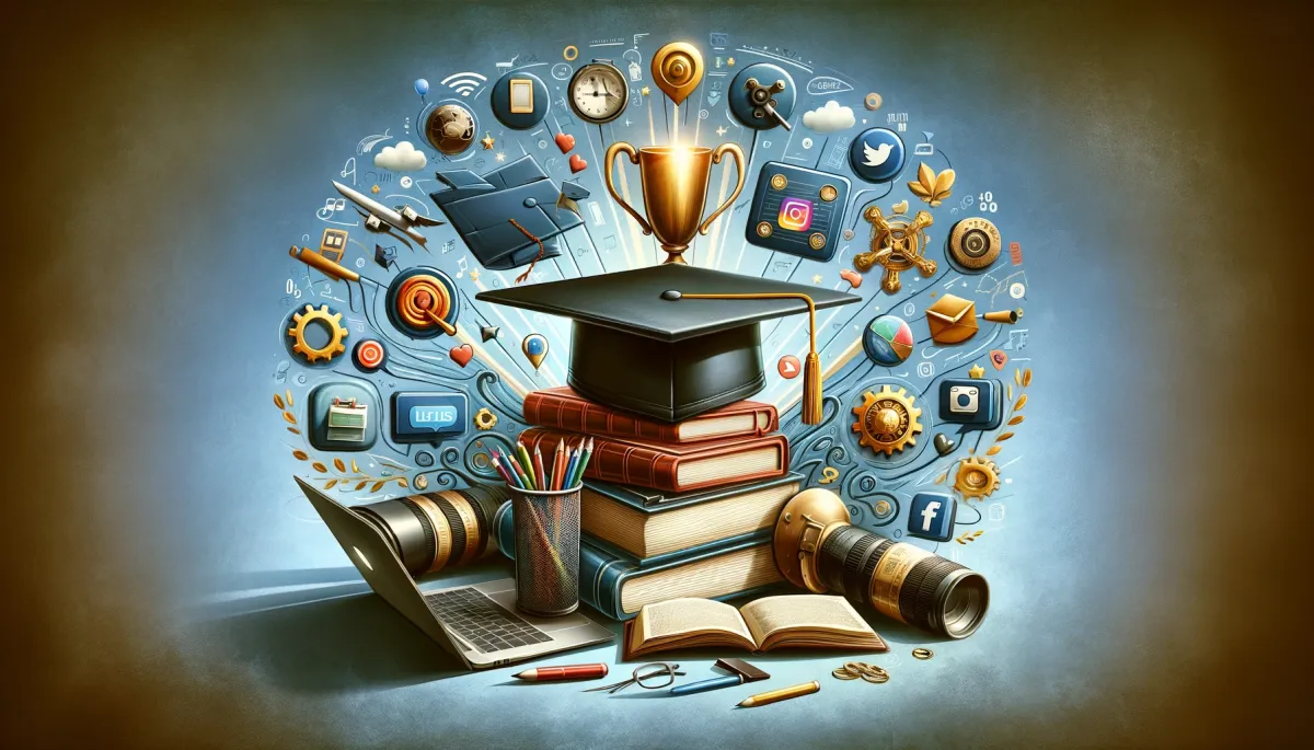 Wide image encapsulating the 'Conclusion' of an article on using social media for online tutoring. The left side of the image displays key elements of the online tutoring journey, featuring a laptop, books, and social media icons, symbolizing the essential tools and methods employed throughout the process. Transitioning to the right, the image portrays symbols of success and achievement in education, including a graduation cap and a diploma, signifying the fruitful outcomes of effective online tutoring. Dominating the center of the image is a golden trophy or a shining medal, representing the triumph and accomplishment of seamlessly integrating social media into online tutoring practices. The background harmoniously blends these elements, creating a narrative arc that spans from the beginning to the successful conclusion in the realm of online tutoring and social media, encapsulating the journey of growth, learning, and success.