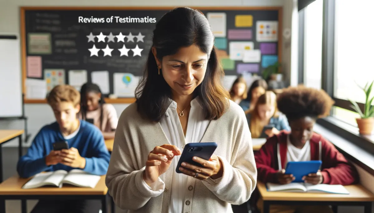 In a contemporary classroom, a young South Asian female teacher is depicted using her smartphone to send a message asking for reviews and testimonials from students. She is focused on typing a message, phone in hand. In the background, diverse students, including Black, Caucasian, Hispanic, and East Asian, are engrossed in their smartphones and tablets, possibly reading or responding to her message. The classroom features a smart board, colorful educational charts, and is bathed in natural light from large windows, highlighting a tech-savvy and interactive educational atmosphere.
