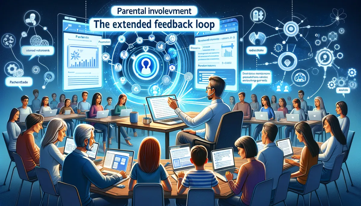 This image captures the theme of 'Parental Involvement: The Extended Feedback Loop' in the context of online education. It portrays a teacher engaged in a virtual meeting with a group of parents, focusing on discussing their children's academic progress and feedback. The teacher is utilizing digital tools to showcase student reports and feedback analysis, facilitating an informed dialogue. Parents, displayed on their individual screens, are actively involved, posing questions and contributing insights, embodying a collaborative and interactive atmosphere. The background features interconnected circles, symbolizing the ongoing and expansive nature of the feedback loop that includes parental participation. This visual narrative emphasizes the atmosphere of cooperation and shared responsibility, highlighting the vital role parents play in reinforcing and enhancing the feedback provided to students in online learning environments.