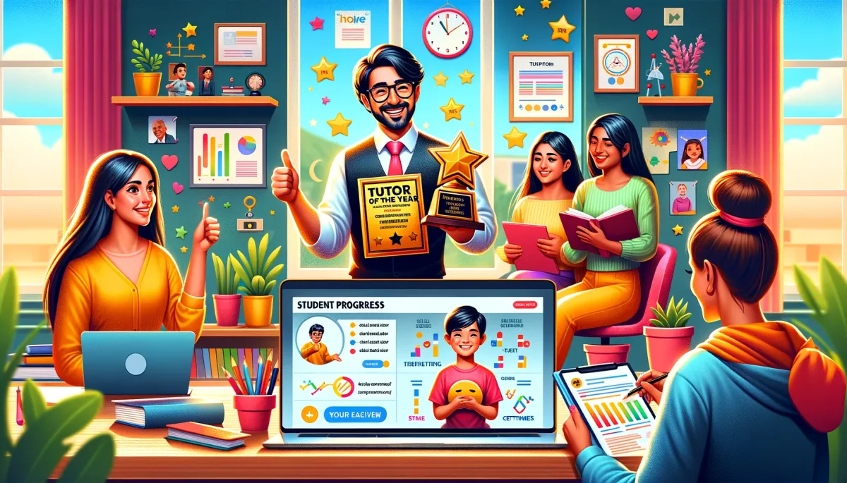 A wide image of a vibrant and dynamic home office scene showcasing real-life examples of tutors effectively measuring their success. It features a Hispanic male tutor with a 'Tutor of the Year' award, a South Asian female tutor analyzing a 'Student Progress' chart on her laptop, and a Caucasian female tutor reading positive online feedback. The background is lively and colorful, filled with educational materials, student artwork, and various certifications, representing the diverse and effective methods used by tutors to measure and celebrate their success in online tutoring.