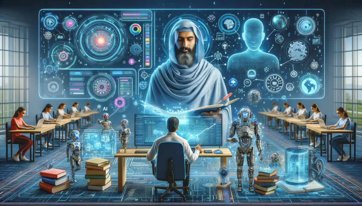 The image vividly illustrates the revolutionary integration of 'AI and Machine Learning in Test Prep' within the online tutoring landscape. At the heart of the scene is a Middle-Eastern male tutor, positioned in a state-of-the-art, futuristic learning environment. He is actively engaging with an advanced AI interface, depicted as a holographic screen, which is dynamically displaying complex algorithms and data analytics. This interaction epitomizes the cutting-edge application of AI in educational settings. Surrounding the tutor are various AI-driven educational tools that are transforming the way learning is facilitated. These include an interactive AI chatbot window, providing instant assistance and feedback, a virtual reality headset offering immersive learning experiences, and a robotic assistant aiding in organizing and managing study materials. The backdrop of the image is enriched with a sophisticated network of digital connections and binary code patterns, symbolizing the deep and intricate integration of machine learning in the educational process. The overall atmosphere exudes a sense of high-tech innovation and forward-thinking, underscoring the transformative impact of AI and machine learning technologies in enhancing, personalizing, and revolutionizing the test preparation experience in the realm of online tutoring.