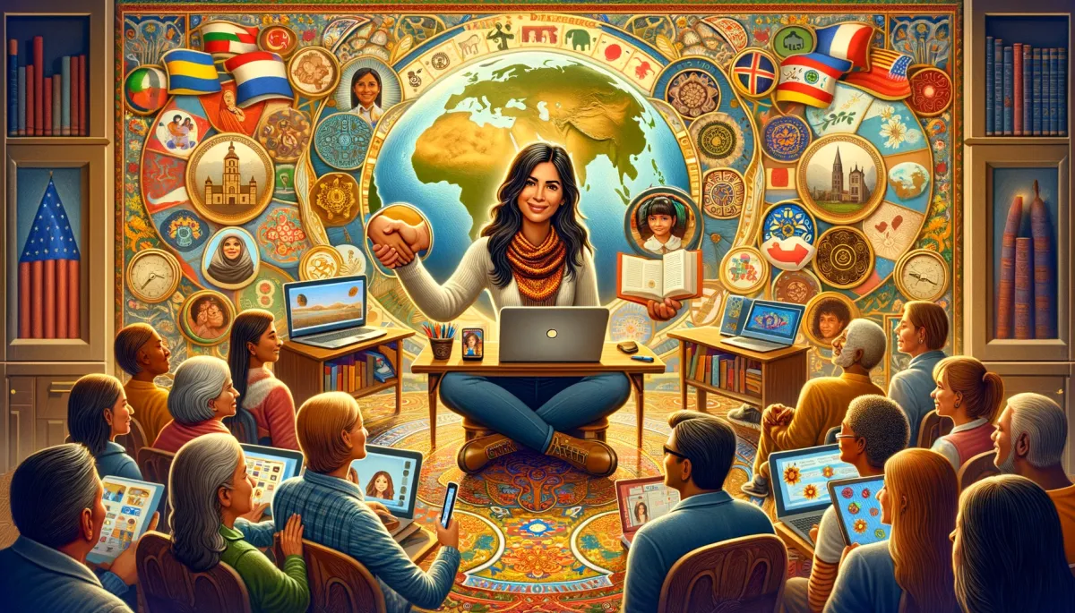 The image insightfully captures the essence of 'Cultural Sensitivity' in the setting of online tutoring. Central to the scene is a Hispanic female tutor, situated in a vibrant and multicultural online classroom. She is engaging with parents and students from various ethnic backgrounds, demonstrating a respectful and inclusive demeanor. The tutor is utilizing a globe and digital educational tools that showcase an array of diverse cultural symbols, reflecting her awareness and appreciation of different cultures. Encircling her are virtual icons that symbolize understanding and harmony across cultures, including a handshake between hands of different skin tones, a peace dove, and representations of various cultural landmarks. The background is adorned with a rich tapestry of flags and cultural motifs, visually conveying the global nature of online tutoring and underscoring the importance of being culturally sensitive. This setting radiates warmth and inclusivity, highlighting the critical role of acknowledging and respecting cultural differences in forging strong, positive relationships with parents and students in the online tutoring environment. The image emphasizes the significance of cultural awareness and sensitivity in creating an environment conducive to learning and mutual respect, essential in the diverse landscape of online education.