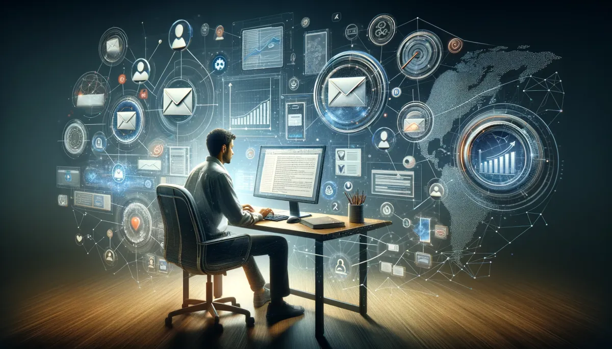 This image embodies the essence of 'The Imperative of Email Marketing in Online Tutoring'. It depicts a modern digital workspace where an online tutor is deeply engrossed in formulating an email marketing campaign. The tutor's computer screen is a focal point, displaying various crucial elements of email marketing such as captivating subject lines, tailored content, and analytics. Surrounding the tutor are floating icons - envelopes, contact lists, and graphs - each symbolizing different aspects of email marketing. The background is elegantly interwoven with a network of connected dots and lines, representing the extensive reach and connectivity that email marketing offers in the digital domain of online tutoring. This scene vividly illustrates the strategic significance and profound impact of email marketing in enhancing the tutor's digital presence and fostering student engagement.