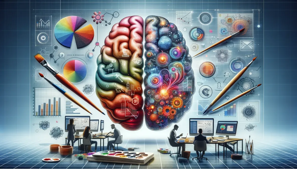 This image is a balanced and analytical visualization of 'The Art and Science of Email List Segmentation' in the context of online tutoring. It features a large, transparent brain at the center, symbolizing the combination of creativity and analytical thinking essential for effective segmentation. One half of the brain is filled with artistic elements like paintbrushes and color palettes, representing the art of understanding and engaging diverse student groups. The other half is filled with scientific elements like graphs, formulas, and data charts, illustrating the science of analyzing student behaviors and preferences. In front of this brain is a digital screen showing an email interface with segmented lists, each tailored to different student demographics. Surrounding the central imagery are various online tutors, deeply engaged in both analyzing data and creatively planning their email campaigns. The backdrop is a modern digital space, emphasizing the fusion of artistic creativity and data-driven analytics in crafting successful email marketing strategies for online tutors.