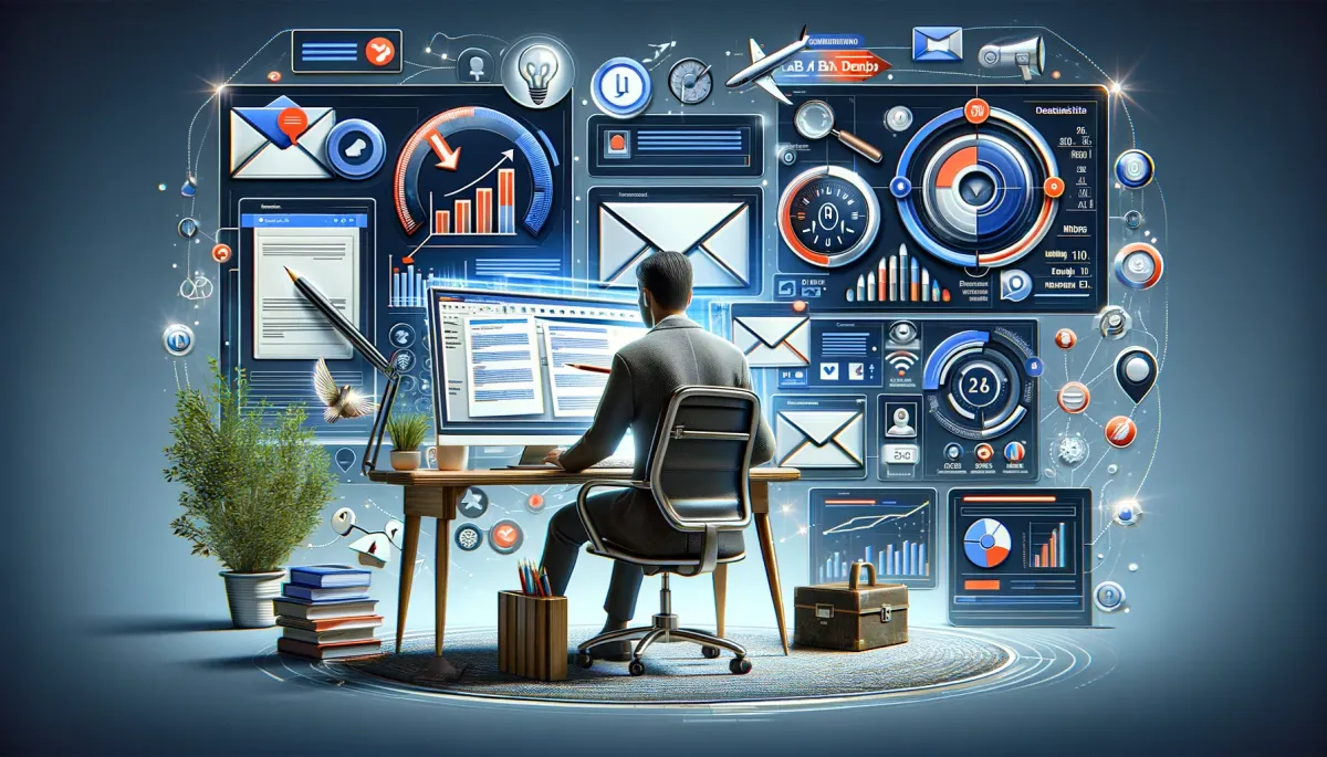 This image captures the intricate details of 'The Nuances of Personalization and Testing in Email Marketing' specifically tailored for online tutors. It showcases a sophisticated digital workspace where an online tutor is deeply involved in refining email marketing strategies. The focal point is the tutor's computer screen, which presents a split view: one side displays a personalized email template, creatively adjusted for diverse student profiles, while the other side reveals various metrics and results from A/B testing. Surrounding the computer are floating elements such as customizable email templates, demographic icons, and analytical graphs, each symbolizing the intricate and thoughtful process of customizing and testing email campaigns. The ambiance of the scene is one of innovation and precision, emphasizing the critical role of personalization and methodical testing in enhancing the effectiveness of email marketing strategies in the realm of online education.