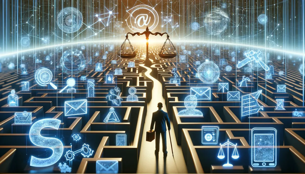 This image presents a conceptual visualization of 'Navigating the Legal Maze and Future Trends in Email Marketing', tailored for online tutors. It depicts an online tutor poised at the entrance of an expansive digital maze, intricately constructed from email icons, legal symbols like scales and gavels, and advanced elements like holograms and digital waves. The tutor, equipped with a map and compass, represents the necessary tools and knowledge required to understand and navigate the complex legal dimensions of email marketing. The path through the maze leads towards a horizon aglow with futuristic lines and nodes, symbolizing the upcoming trends and technological advancements in the field of email marketing. This vivid scene captures the intricate, ever-evolving nature of the legal and technological landscape in email marketing, underscoring the critical need for online tutors to stay informed and adaptable to these continuous changes.