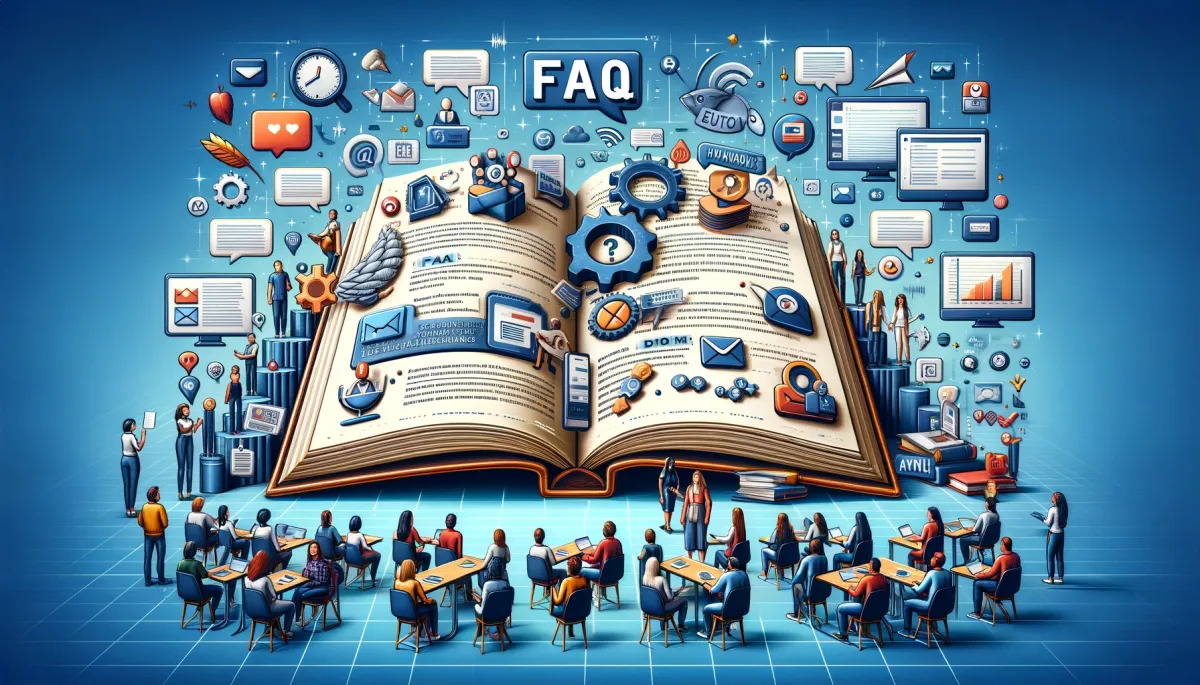 This image is an informative and engaging depiction of 'FAQ - Addressing Common Queries on Effective Email Marketing Strategies for Online Tutors'. It features a large, open book at the center, with pages creatively illustrating common questions and answers related to email marketing. Each page is adorned with symbols and icons that represent various aspects of email marketing, such as newsletters, audience segmentation, and analytics tools, offering visual insights into the subject matter. Around the book, a diverse group of online tutors and students are seen actively engaged in reading and discussing the content, highlighting a collaborative learning atmosphere. They are aided by digital devices like laptops and tablets, which display email marketing interfaces, further emphasizing the practical application of these strategies. The background of the image is a dynamic digital classroom setting, symbolizing the educational and interactive nature of addressing frequently asked questions in the field of online tutoring and email marketing.
