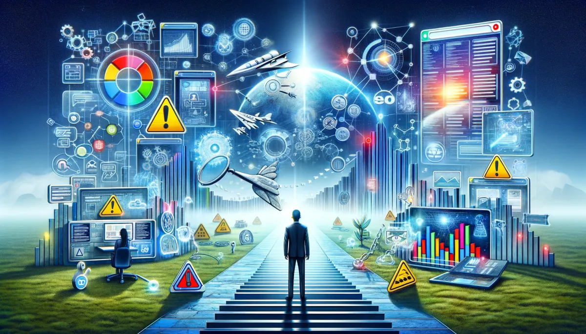 This image offers a comprehensive and forward-looking view of 'SEO Tools, Pitfalls, and the Future Landscape' in the context of online tutoring. It is thoughtfully divided into three distinct sections. The first section vividly showcases an array of SEO tools, with online tutors engaging with digital interfaces that display various essential elements like keyword research tools, content optimization software, and link-building platforms. The middle section delves into common SEO pitfalls, creatively illustrated by warning symbols, broken link imagery, and a tutor navigating a complex maze of misinformation. The final section projects a vision of the future of SEO, featuring a tutor looking towards a horizon dotted with emerging technologies such as AI, voice search, and virtual reality interfaces. This triptych-style visual narrative encapsulates the multifaceted nature of SEO, effectively highlighting the vital tools, challenges, and exciting future prospects within the ever-evolving landscape of online education and digital marketing.