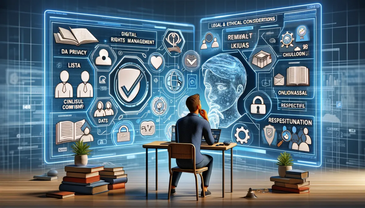This image is a thoughtful and responsible portrayal of 'Legal and Ethical Considerations' in the realm of online tutoring. It features an online tutor deeply engaged in contemplating the various legal and ethical aspects of online education. The tutor is encompassed by digital screens and holograms that display icons and symbols signifying key concerns such as data privacy laws, digital rights management, respectful communication practices, and inclusivity in online environments. Additionally, the tutor is shown consulting a digital document that outlines ethical guidelines and legal requirements pertinent to online tutoring. The background of the image presents a virtual classroom setting, subtly emphasizing the critical importance of creating a safe, respectful, and legally compliant online learning space. This scene underscores the imperative responsibility of online tutors to be well-informed and adhere to legal and ethical standards in their teaching practices.