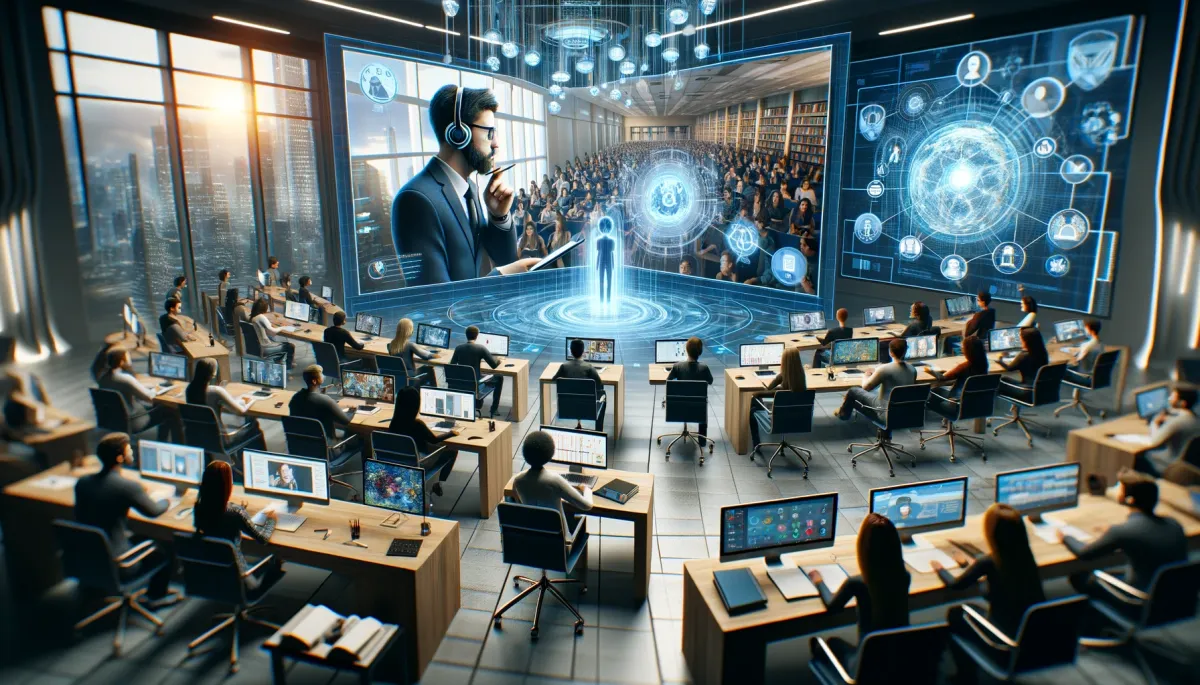 This image is a contemporary and immersive depiction of 'Virtual Classrooms: The New Norm'. It features a fully engaged online tutor and students within a sophisticated virtual classroom setting. The tutor is interactively connected with students through a large digital screen that displays a dynamic and virtual learning space. Students are represented as avatars or video feeds, actively participating in lively discussions, collaborative projects, and engaging with various interactive content. The environment is replete with advanced tools and features, including real-time collaboration boards, diverse multimedia resources, and virtual breakout rooms for small group discussions. The background of the image highlights a network of digital connections, symbolizing the global reach and interconnected nature of virtual classrooms. This scene captures the essence of modern online tutoring, where virtual classrooms have become the new standard in delivering interactive, engaging, and effective education.