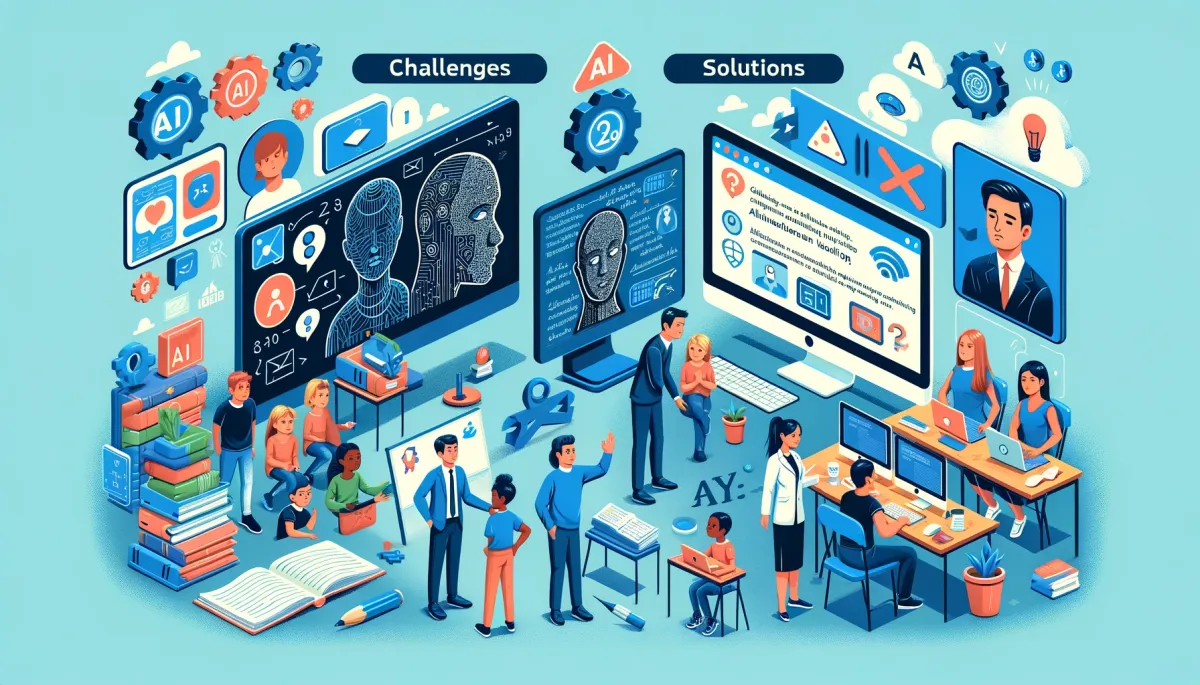 This image effectively captures 'Challenges and Solutions in AI-Assisted Tutoring', presented in a contrasting two-part composition. The left side of the image vividly depicts various challenges: a student appears frustrated while trying to navigate an AI interface; a teacher grapples with technical glitches in AI software; and a computer screen shows a series of error messages, illustrating common technological hurdles. In contrast, the right side of the image portrays solutions to these issues: a tech expert is seen providing assistance to a teacher; students are actively and successfully engaging with a user-friendly AI application; and an educational seminar is in progress, focusing on teaching AI literacy. This visual narrative emphasizes the critical role of intuitive design, dedicated technical support, and comprehensive educational initiatives in addressing and overcoming the challenges associated with AI-assisted tutoring.