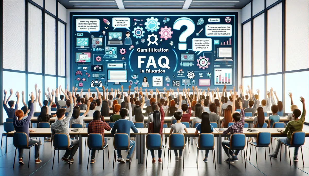 This wide image is a visual representation of the 'FAQ' section for an article on gamification in education. It features a diverse group of students of various descents in a collaborative, technology-enriched classroom. The students are actively engaged in a question and answer session, with some eagerly raising their hands to ask questions, while others thoughtfully respond. Digital screens and interactive boards in the classroom display a variety of common questions and answers about gamification techniques. The modern classroom setting, equipped with various educational technologies, underscores the importance of inquiry, discussion, and knowledge sharing in deepening the understanding of gamification in educational contexts.