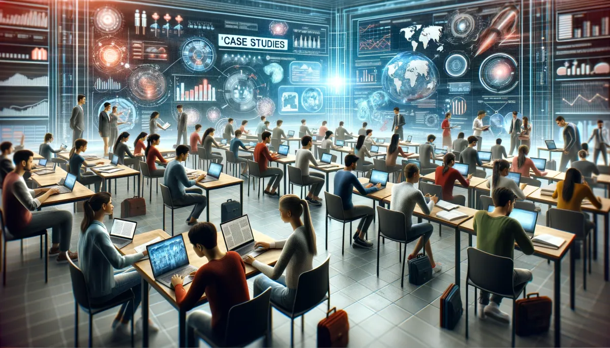 This wide image captures the essence of 'Case Studies' in the context of engaging assignments and activities in online tutoring. It portrays a digital classroom setting where a diverse group of students of various descents is deeply involved in analyzing different case studies. The students are focused on their laptops and tablets, immersed in studying real-world scenarios, collaboratively solving complex problems, and engaging in discussions about their findings. The classroom is enriched with digital elements such as infographics, data charts, and virtual models, illustrating the depth and practical application of case studies in an online learning environment. This image underscores the significance of case studies in fostering critical thinking, problem-solving skills, and the application of theoretical knowledge to real-world situations, thereby enhancing the educational experience in online tutoring.