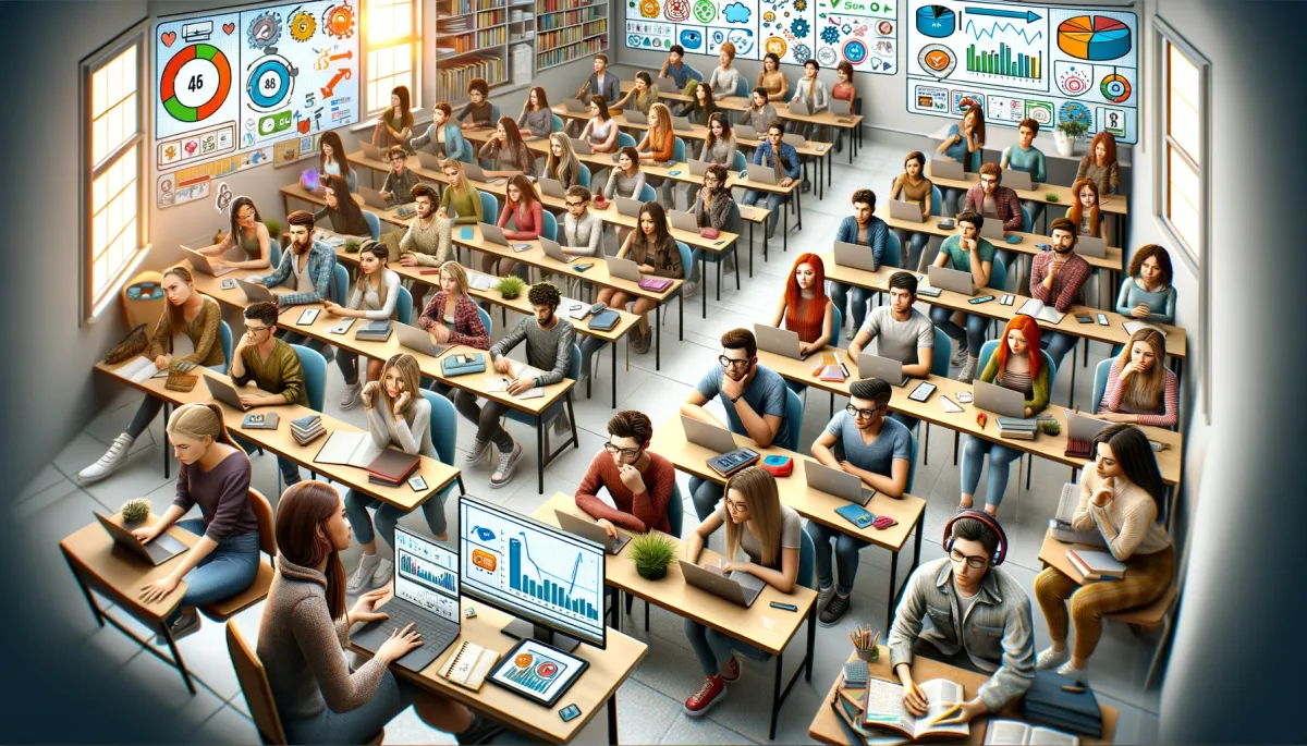 This wide image captures the essence of 'Why is Student Engagement Crucial in Online Tutoring?'. It features a virtual classroom setting with a diverse group of students of various descents, each exhibiting different levels of engagement. Some students are highly involved, actively using interactive tools like tablets and laptops, their faces lit with curiosity and excitement. In contrast, others seem less engaged, appearing distracted or disinterested. This disparity in student engagement is prominently highlighted, underscoring its significance in online learning environments. The classroom is also equipped with digital elements like graphs and engagement meters, visually demonstrating the impact of student engagement on learning outcomes and the overall effectiveness of online tutoring.